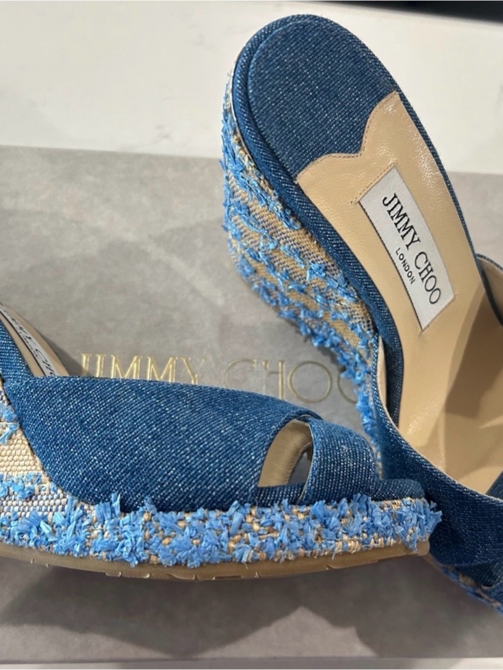 Jimmy Choo Denim Blue and Tan Espadrille Wedge Sandals - Picture 2 of 4
